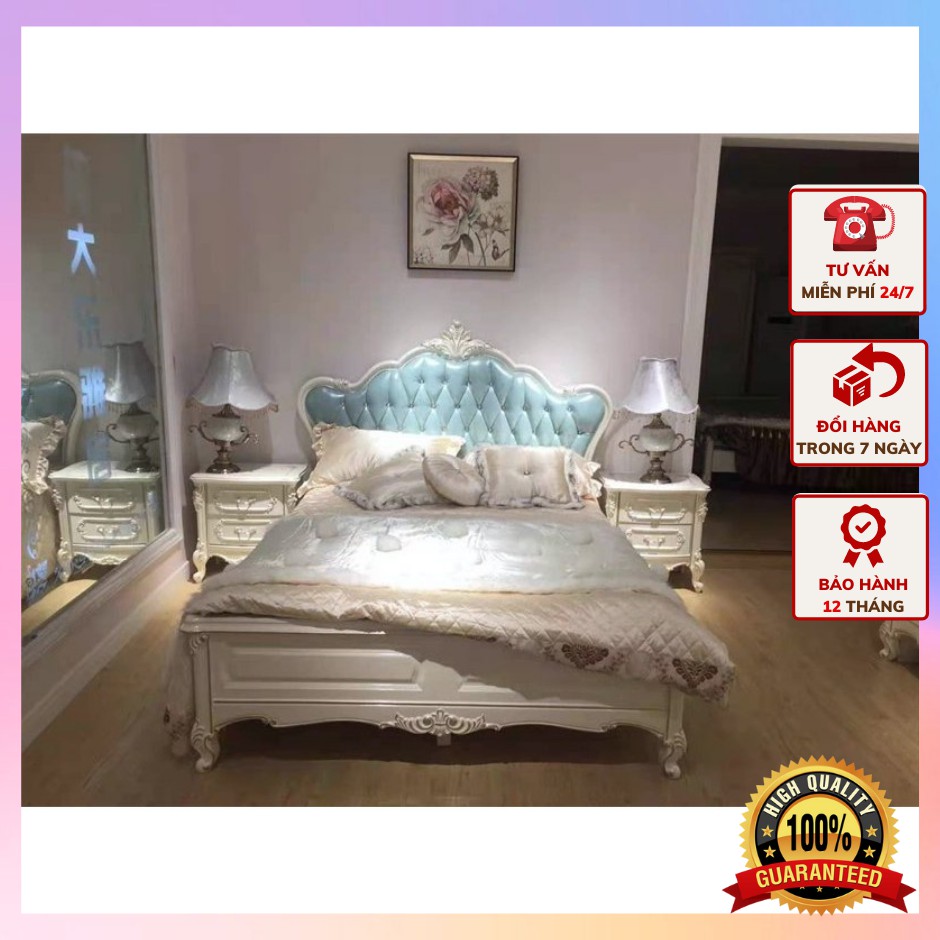 Giường khung trắng ánh kim da xanh lam TÂN CỔ ĐIỂN - AMORES mang đến vẻ đẹp sang trọng.