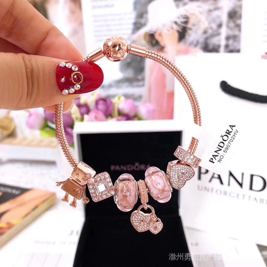 Vòng Tay PANDORA Màu Vàng Hồng Đính Hạt Charm Thời Trang Cho Nữ