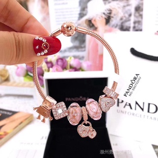 Vòng tay pandora màu vàng hồng đính hạt charm thời trang cho nữ