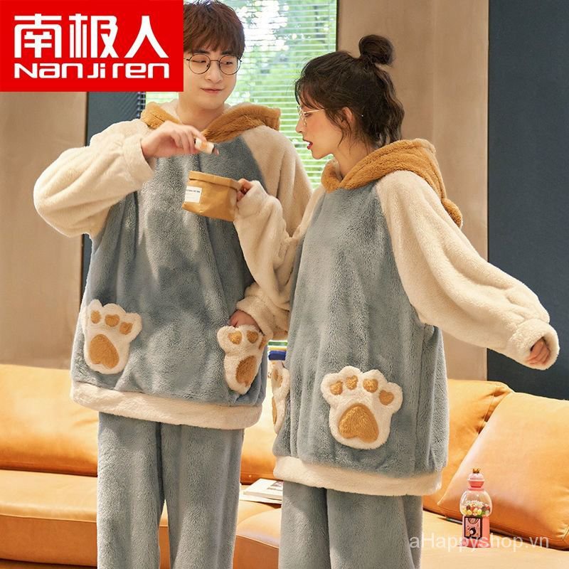 Bộ đồ ngủ vải nhung san hô lông cừu dày giữ ấm thời trang thu đông cho nam và nữ