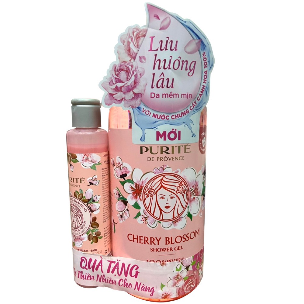 Sữa Tắm Thiên Nhiên Purite Lưu Hương Lâu Da Mềm Mịn Hoa Anh Đào Cherry Blossom 850ml - Tặng Dầu Gội Purite Nhỏ