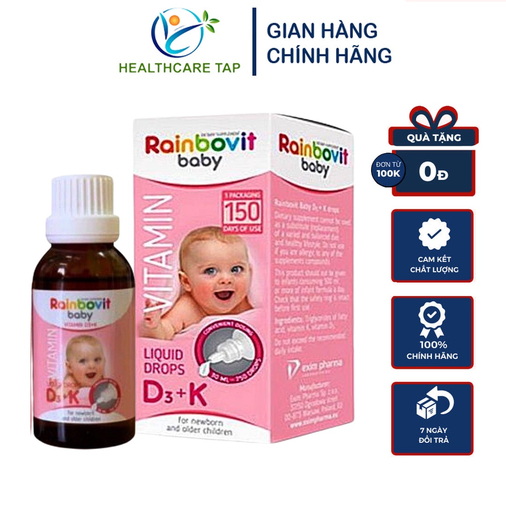Vitamin D3+K Rainbovid Baby NHẬP KHẨU BA LAN- Tăng Cường Hấp Thu Canxi Tối Đa Cho Trẻ Cao Lớn Khỏe Mạnh