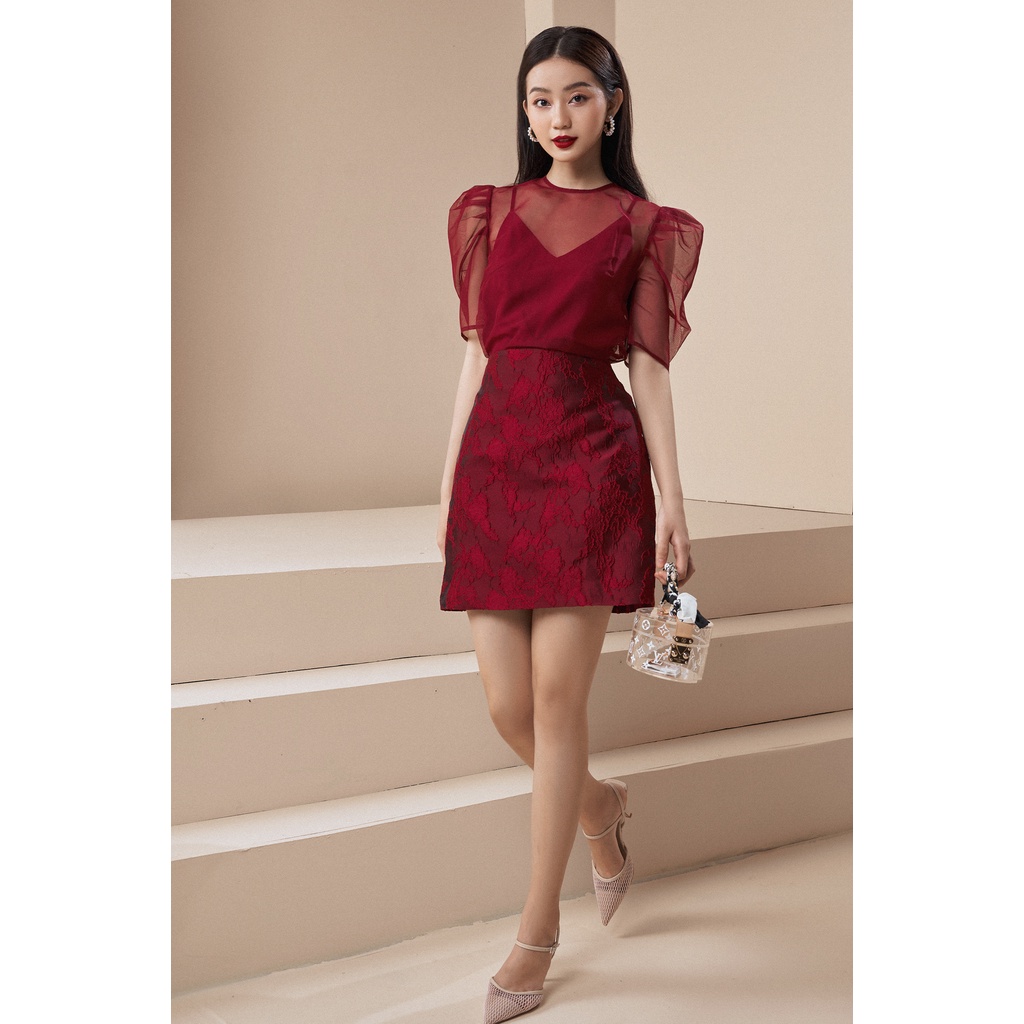 EVERLUXE - Áo tay phồng trong suốt Đỏ đô