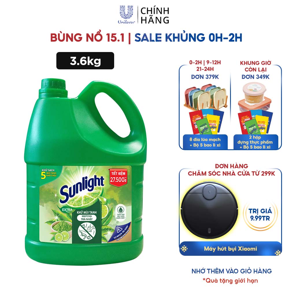 Nước rửa chén Sunlight Matcha Trà Nhật chai 3.6kg (MỚI)