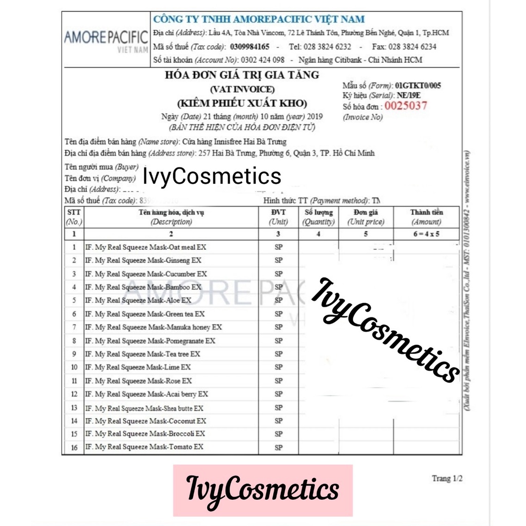 Combo 10 Miếng Mặt nạ Innisfree My Real Squeeze Mask_Mask innisfree 20ml Full Vị Hàn