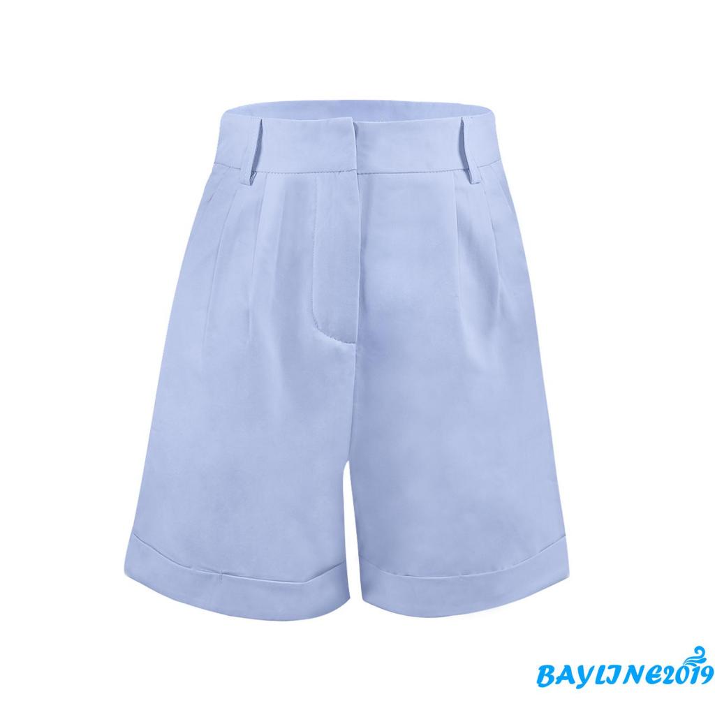 BAY-Quần ngắn ống rộng lưng cao màu trơn có túi phong cách size S/ M/ L/ XL cho nữ