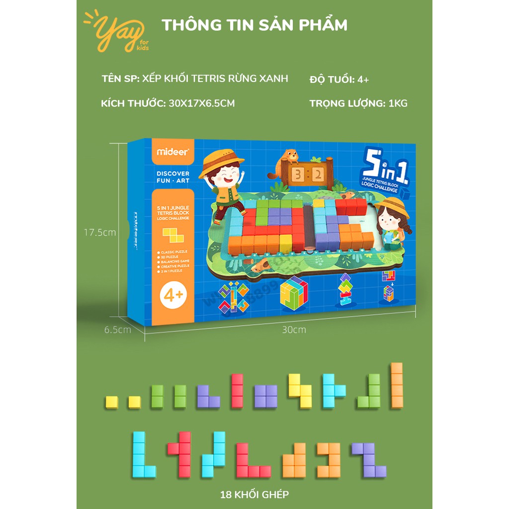 [5 in 1] Bộ Trò Chơi Xếp Khối Tetris Rừng Xanh Mideer MD1117 4+