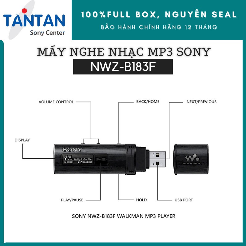 Máy Nghe Nhạc - MP3 Sony NWZ-B183F | 4GB - Định dạng MP3/ WMA - FM - Màn hình OLED - Pin:23h - Sạc nhanh - Cổng USB