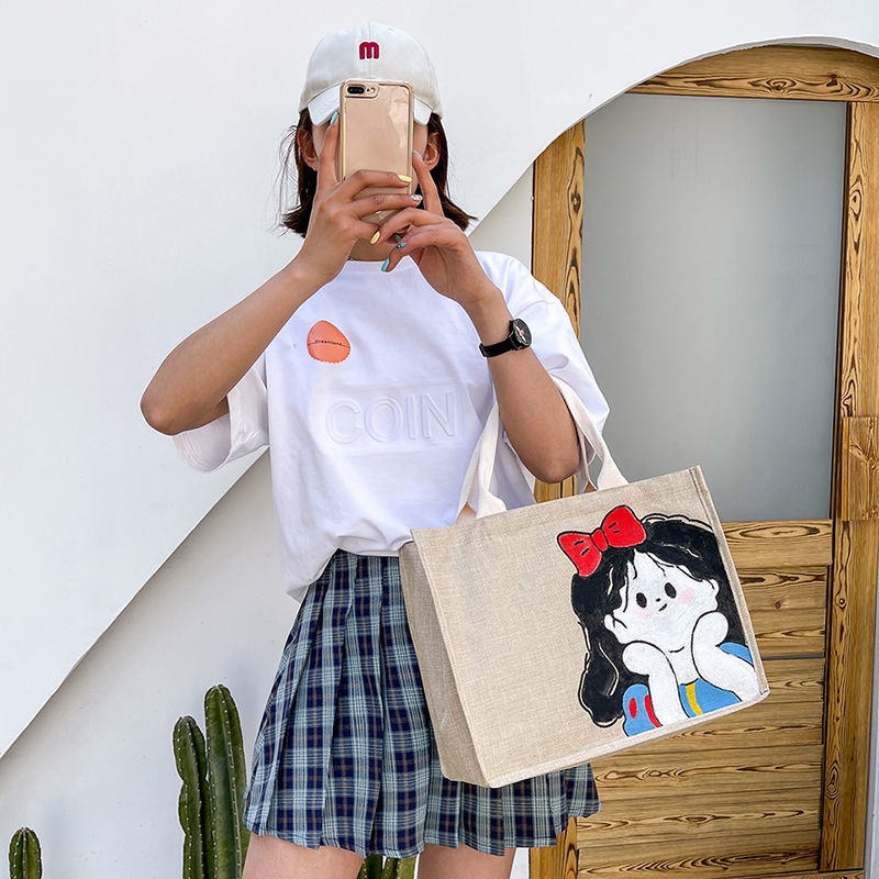 Túi tote canvas vẽ graffiti thủ công 2022 Túi tote vải lanh Túi mua sắm