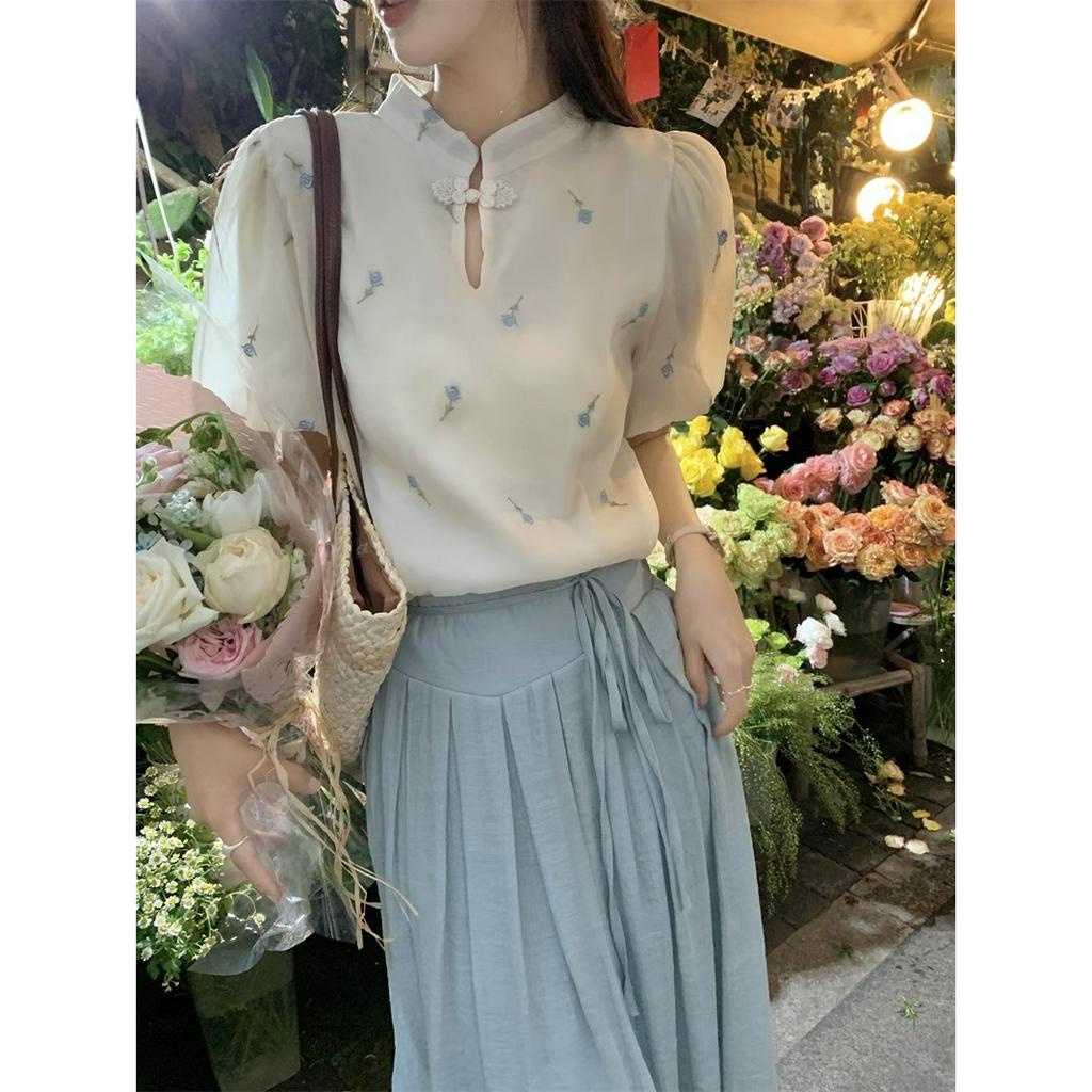 Xiaozhainv Set Áo Sơ Mi Tay Phồng Thêu Họa Tiết + Chân Váy Chữ A Lưng Cao Phong Cách Trung Hoa Cổ Điển Thời Trang Cho Nữ