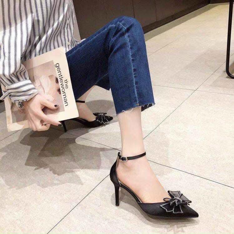 Giày cao gót đính nơ lưới hàng loại 1 full box giày hở eo