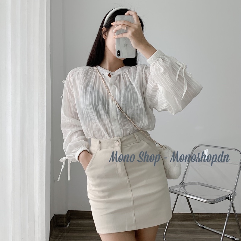 Áo sơ mi cổ tròn sọc ren dài tay cột nơ Ảnh thật/ sẵn