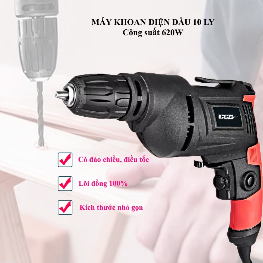Máy khoan điện cầm tay đầu 10 ly công suất 620w - đầu nhựa, máy nhỏ gọn khoan gỗ, sắt, bắn tôn