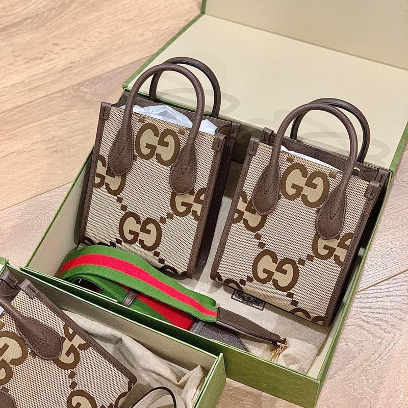 Túi chéo GC TOTE Medium&mini Size 20cm chất vải thêu logo GG hoạ tiết to mix viền da nâu