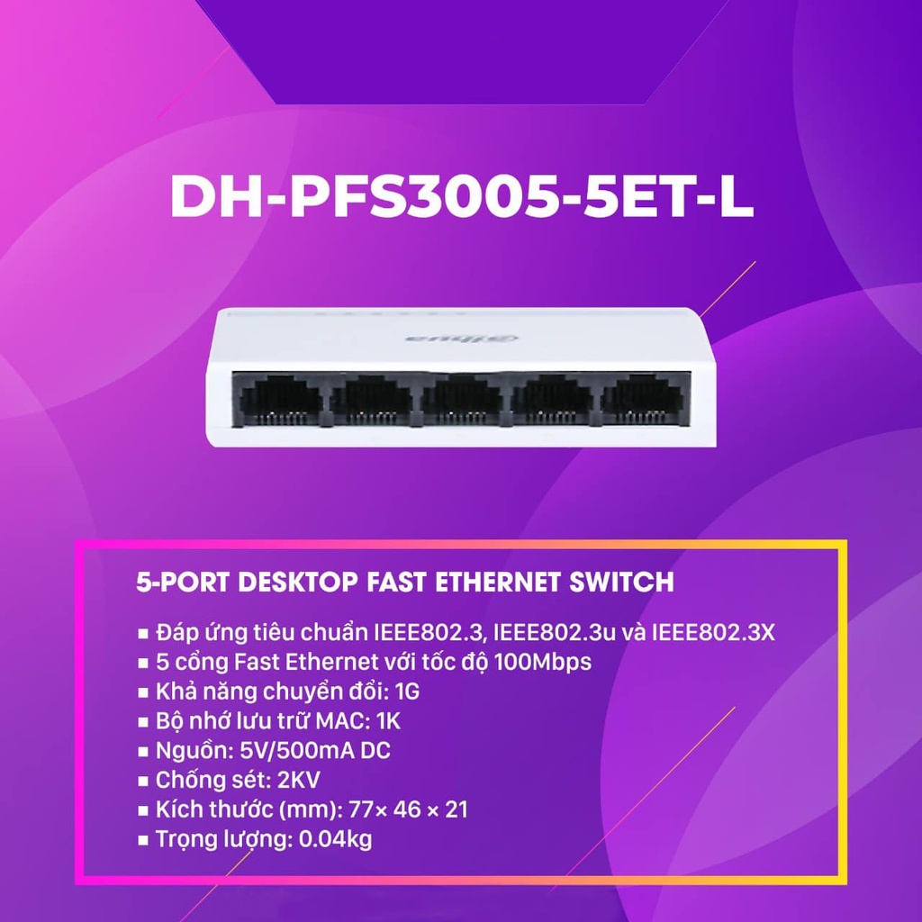 Bộ chia mạng Dahua 5 port 100Mbps DH-PFS3005-5ET-L - Hàng Chính Hãng bảo hành 3 năm