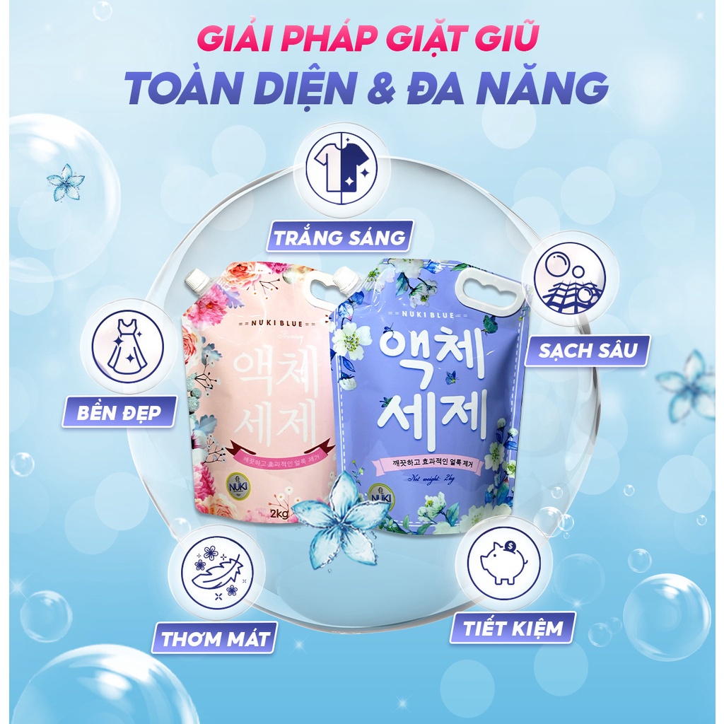 Nước Giặt NUKI BLUE 2L Lưu Hương Siêu Lâu, Bền Màu Quần Áo | Nước Giặt Xả 5 Trong 1