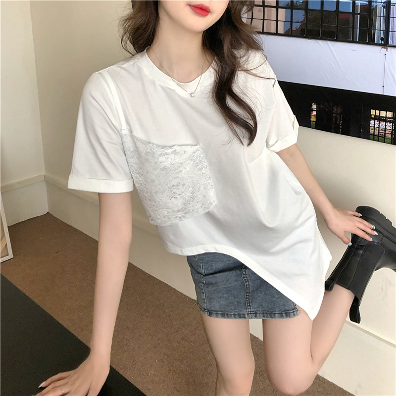 Áo thun nữ SUXI tay ngắn phối ren vạt không đối xứng phong cách Hàn Quốc