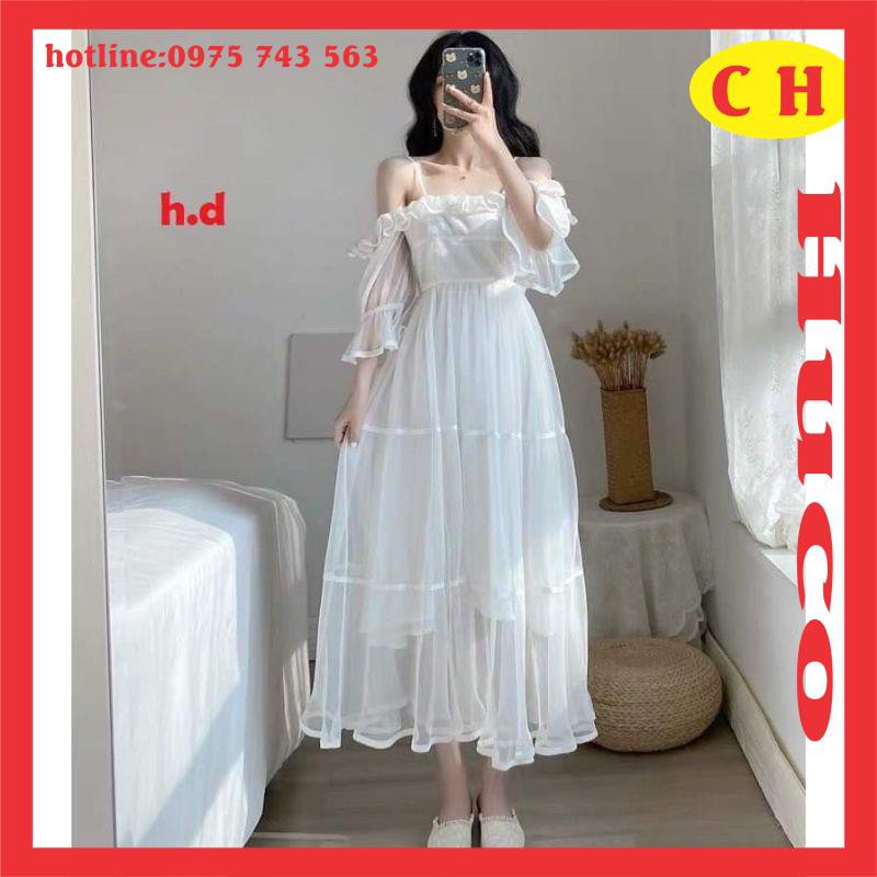 váy voan tơ hai dây trễ vai, đầm tiểu thư maxic đi biển có bèo nhún tay lỡ chun nhẹ,váy trắng xòe nhiều tầng hai lớp lót | BigBuy360 - bigbuy360.vn