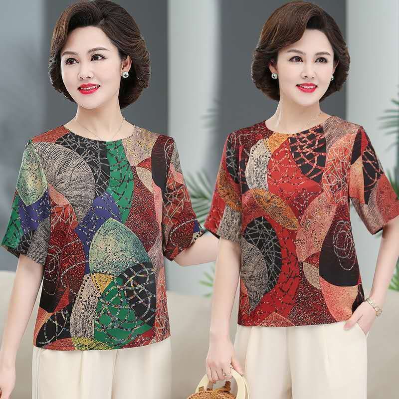 Áo Thun Tay Ngắn Dáng Rộng In Họa Tiết Độc Đáo Thời Trang Mùa Hè Cho Nữ Trung Niên