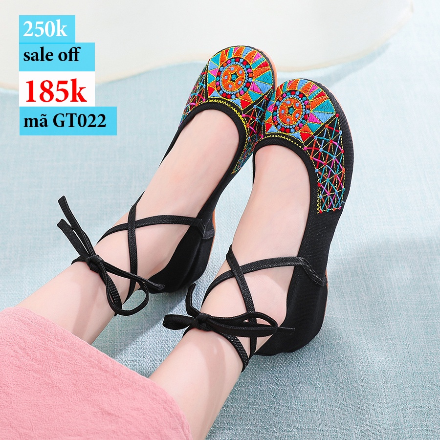 Giày thêu thổ cẩm cột dây đế thấp GT022