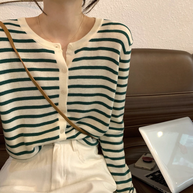 Áo khoác cardigan SUXI dệt kim tay dài dáng rộng họa tiết kẻ sọc thời trang mùa thu phong cách Hàn Quốc mới cho nữ
