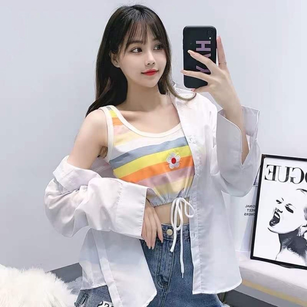 Áo ba lỗ croprop kẻ hoa cúc chất cotton hình thêu, mặc set, mặc rời đều ok