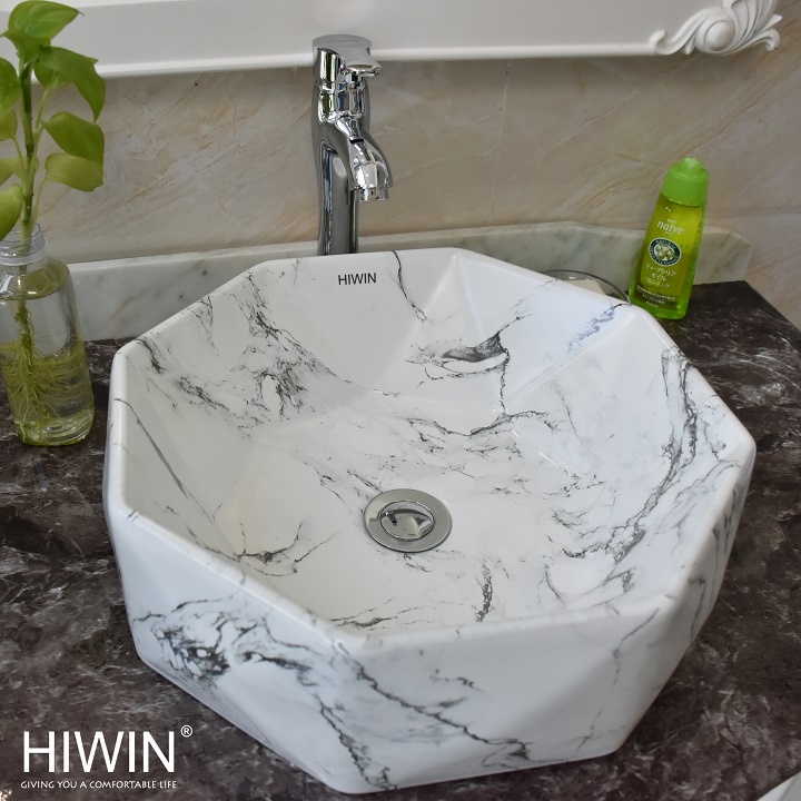 Chậu rửa mặt lavabo sứ đặt bàn nghệ thuật màu trắng vân đá HIWIN LP-A521