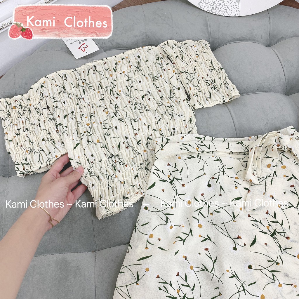 Set áo croptop hoa trễ vai chun và chân váy vạt chéo 2 lớp Ulzzang Quảng Châu - Kami Clothes | BigBuy360 - bigbuy360.vn