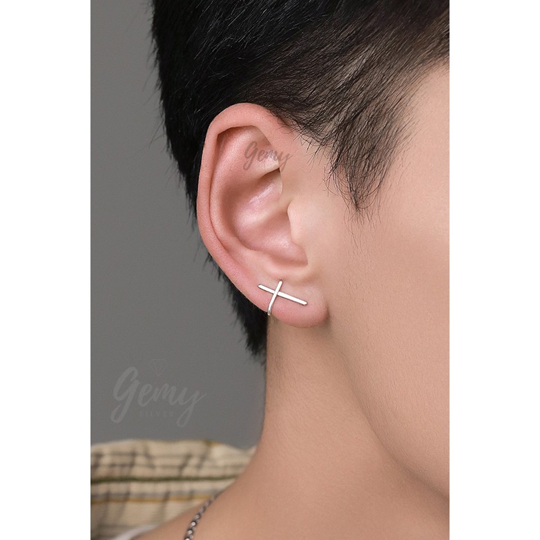 Bông tai, Khuyên tai nam bạc 925 cao cấp mặt chữ thập độc đáo, cá tính, unisex KN37(1 chiếc)| GEMY SILVER