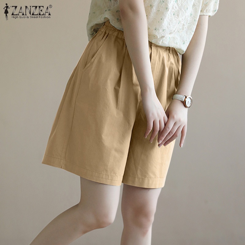 Quần đùi ZANZEA ống rộng lưng thun màu trơn đơn giản phong cách Hàn Quốc cho nữ