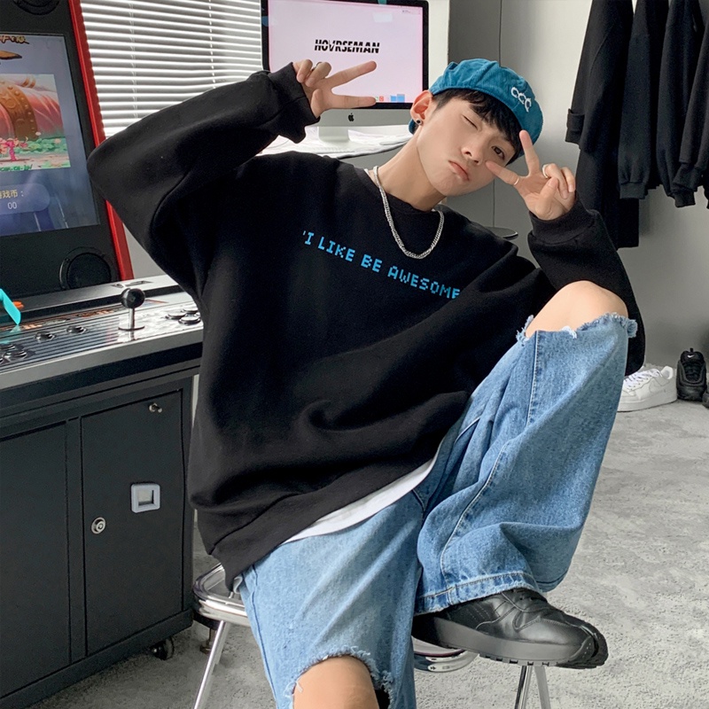 Áo thun tay dài cổ tròn in chữ dáng rộng phong cách hip hop thời trang mùa thu size M-3XL cho nam