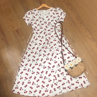 Đầm cherry xanh form dài (kèm hình thật)