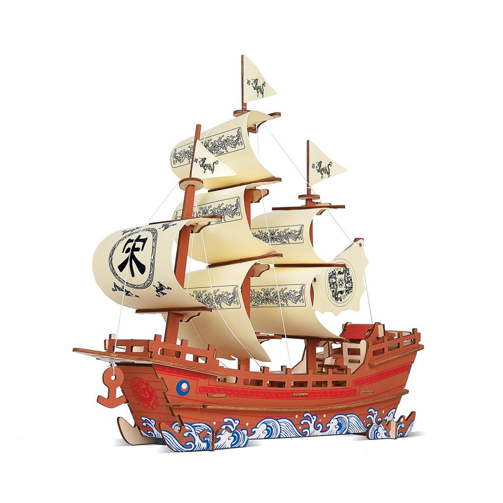 Đồ chơi lắp ráp 3D gỗ mô hình thuyền thương gia đỏ cắt laser Birkeetoys