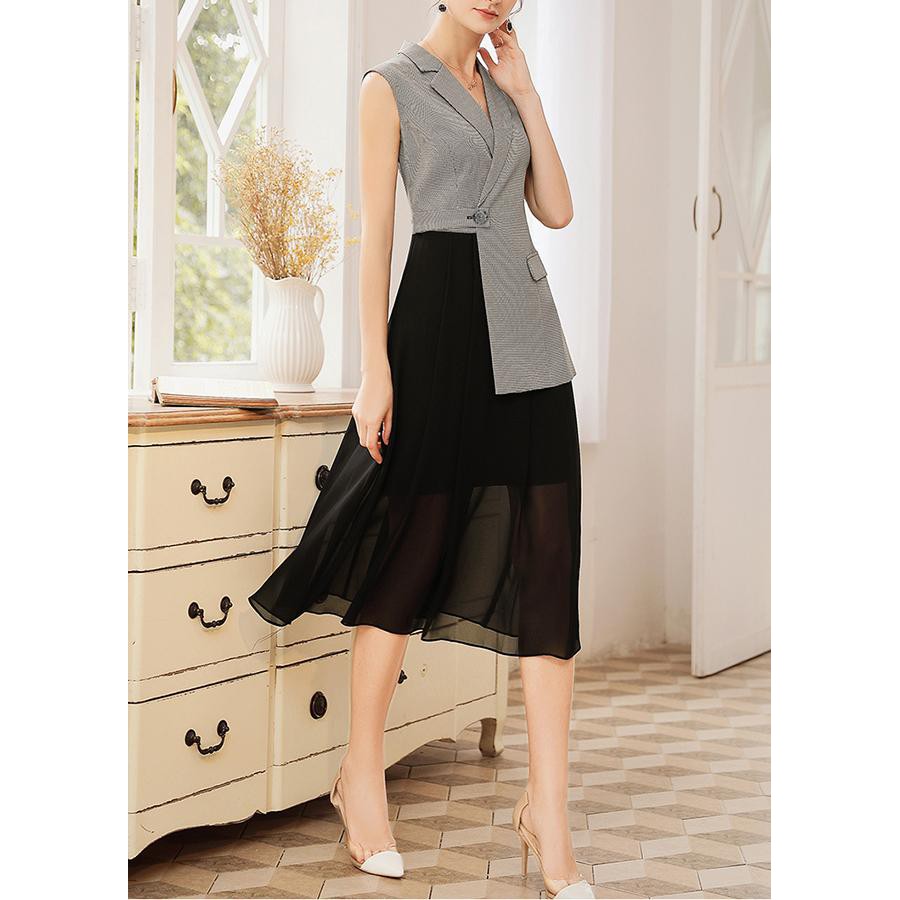 [GIÁ CỰC RẺ] Đầm Xòe Dự Tiệc Kiểu Đầm Cổ Vest Đính Nút Họa Tiết Caro Nhí D3122