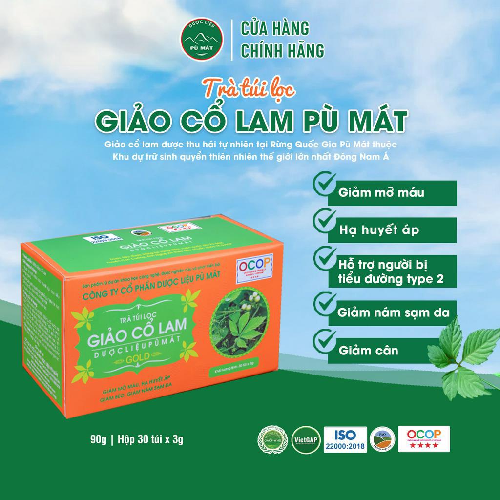 Trà túi lọc Giảo Cổ Lam Dược liệu Pù Mát giảm mỡ máu, hỗ trợ người tiểu đường 90g (Hộp 30 túi x3g)