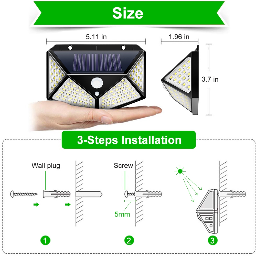 Đèn Led 100 Bóng Năng Lượng Mặt Trời Cảm Biến Chuyển Động 3 Chế Độ