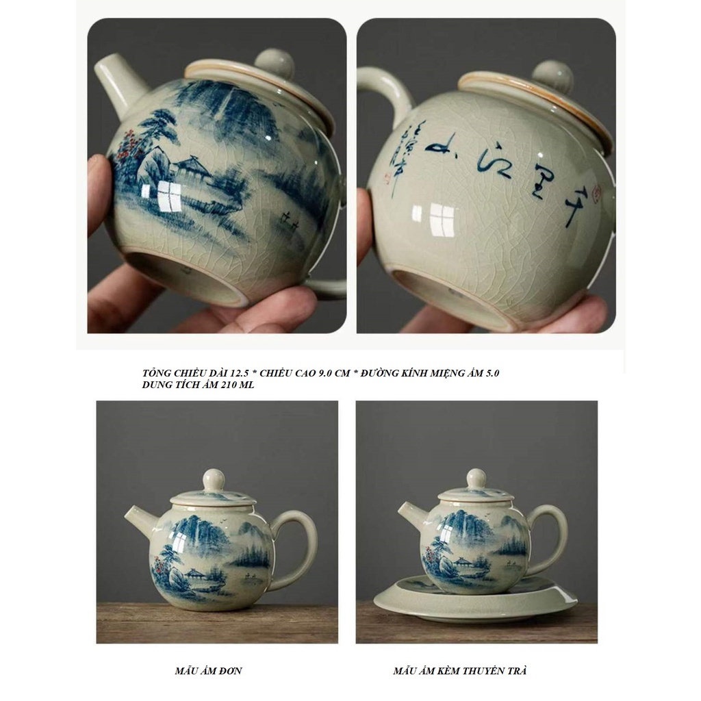 Ấm Sứ Cảnh Đức vẽ tay Họa tiết Sơn Thủy Đẹp Mắt 210 ml