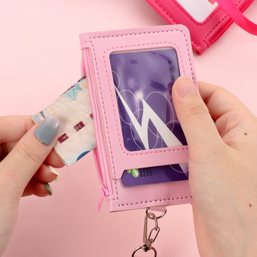 Bao đựng thẻ ID bằng da PU dạng ví khóa kéo có dây đeo cổ tiện dụng cho nam nữ