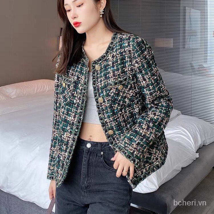 áo khoác dạ tweed nữ thu đông 2021 Năm Retro dáng ngắn xanh | BigBuy360 - bigbuy360.vn