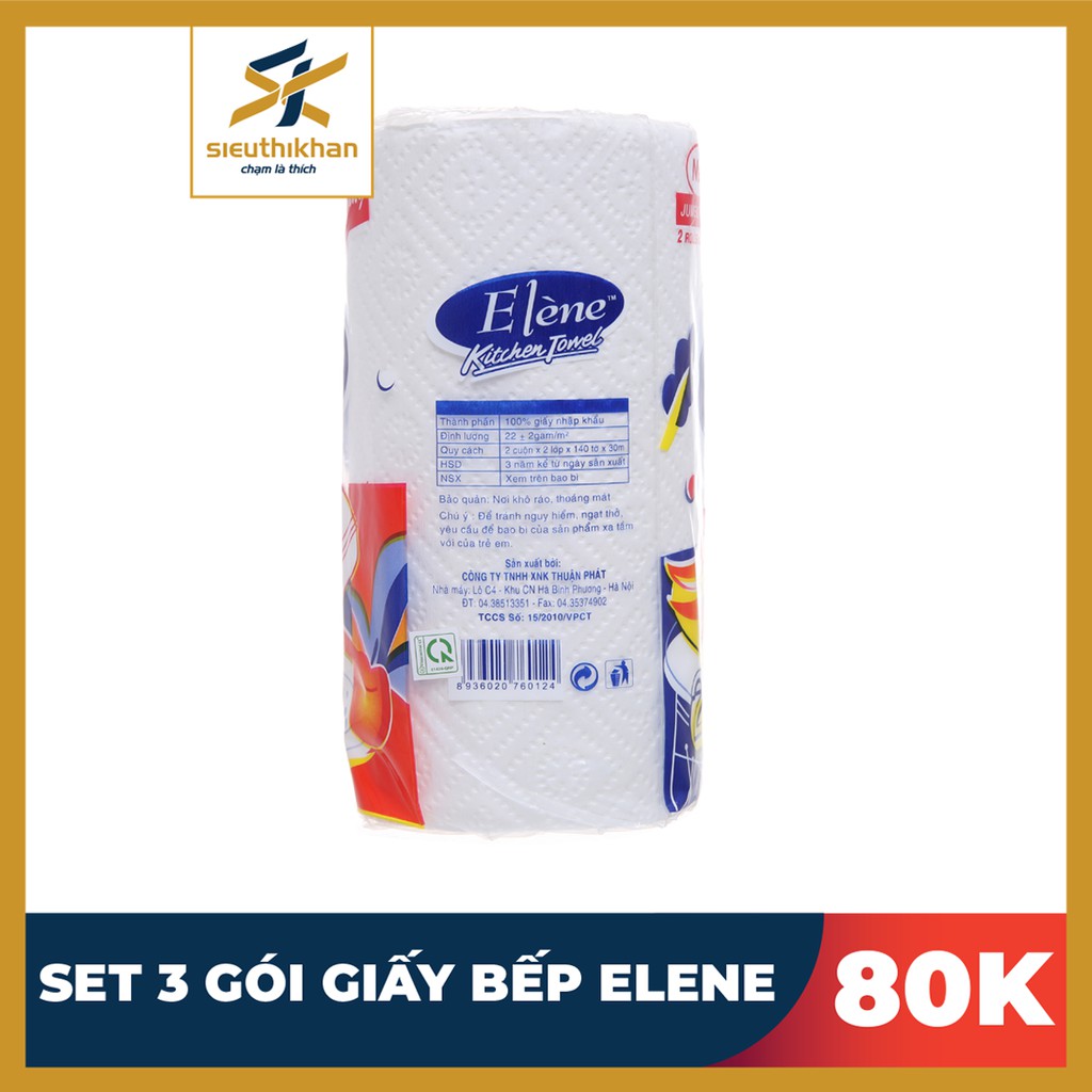 Giấy lau bếp, thấm dàu Elene &gt; Túi 2 cuộn, 2 lớp, dài 30M