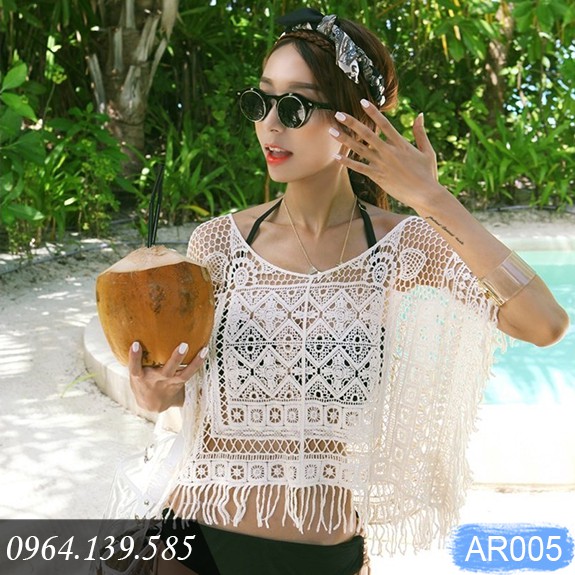 Áo ren nữ đi biển đẹp, áo lưới cánh dơi tua rua thời trang, mặc ngoài bikini, maxi, croptop... chất ren đẹp | AR005