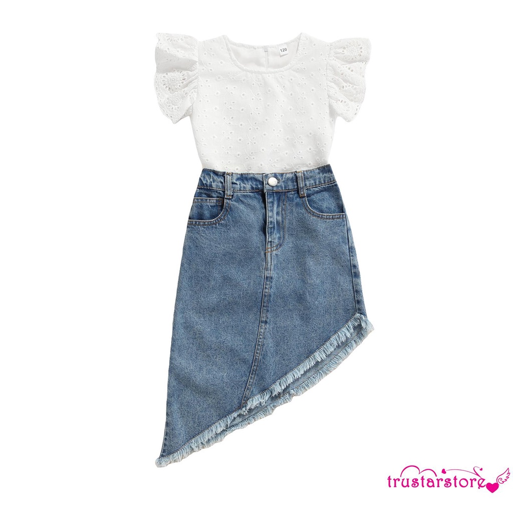 Set áo thun tay cánh tiên + Chân váy jean lưng cao thời trang mùa hè cho nữ