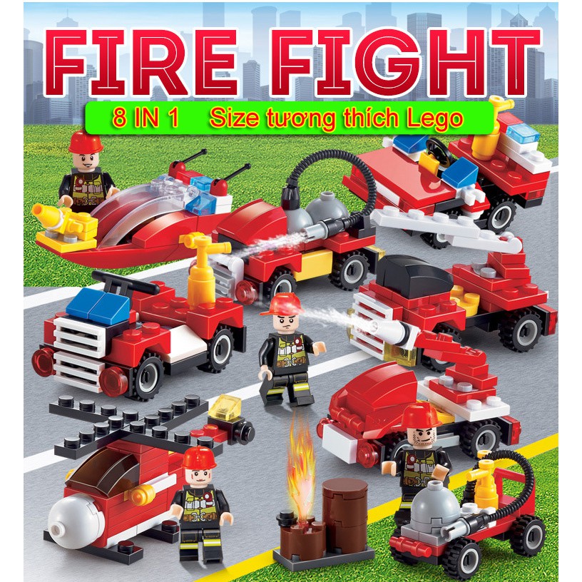 Bộ 8 kiểu đội cứu hỏa trò chơi mô hình lắp ráp thông minh phát triển trí tuệ mảnh nhỏ 3-6 tuổi