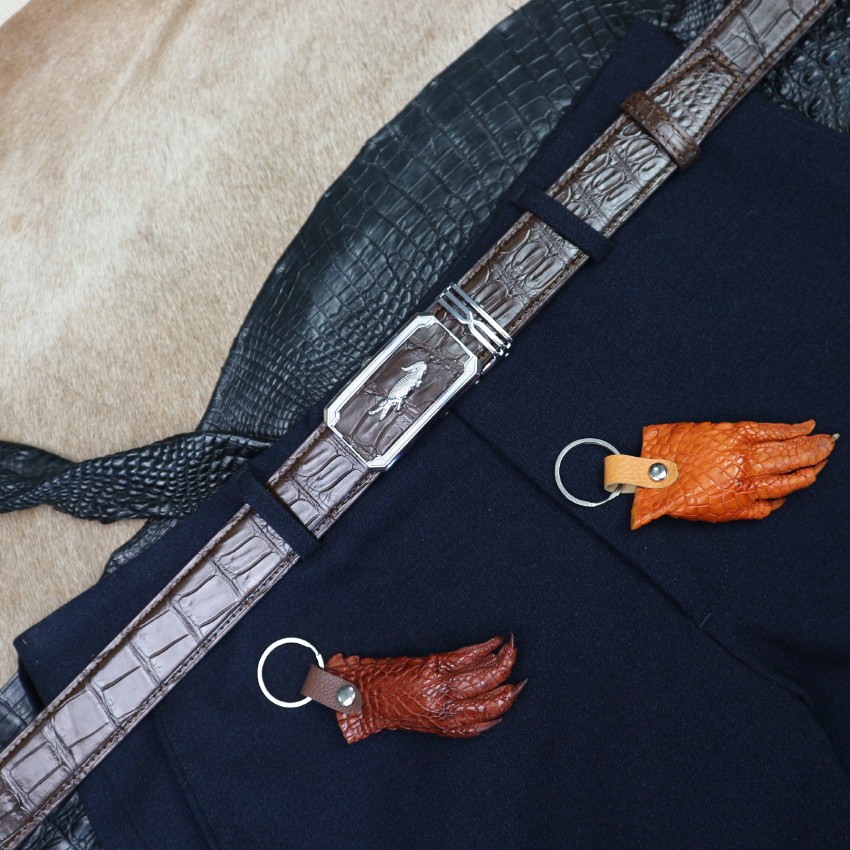 Dây nịt - Thắt lưng da cá sấu Fadoda cao cấp thật bản nhỏ 3.5Cm làm từ da bụng cá sấu màu nâu đất - FCB02-02B