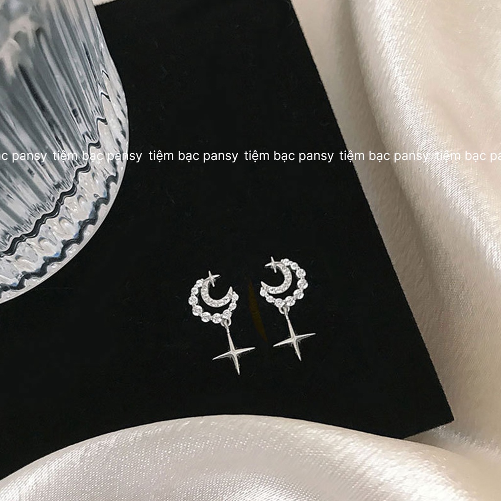 Bông tai bạc nữ PANSY mặt trăng khuyết nạm đá xinh xắn - Khuyên tai bạc ta hình trăng sao may mắn