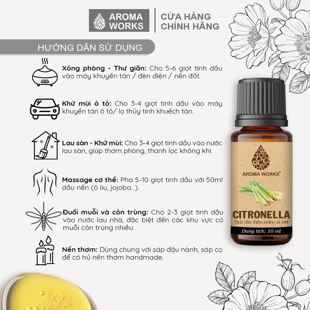 Tinh dầu Sả tươi / Sả Java Aroma Works xông phòng, dễ ngủ, khử mùi, thanh lọc không khí - Citronella