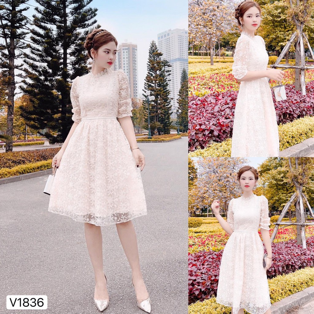 Váy xòe ren hoa nổi, Váy chữ A nữ tính ❤️ Freeship ❤️ Thiết kế tinh tế, ren hoa nổi 2 lớp, tay lỡ bồng