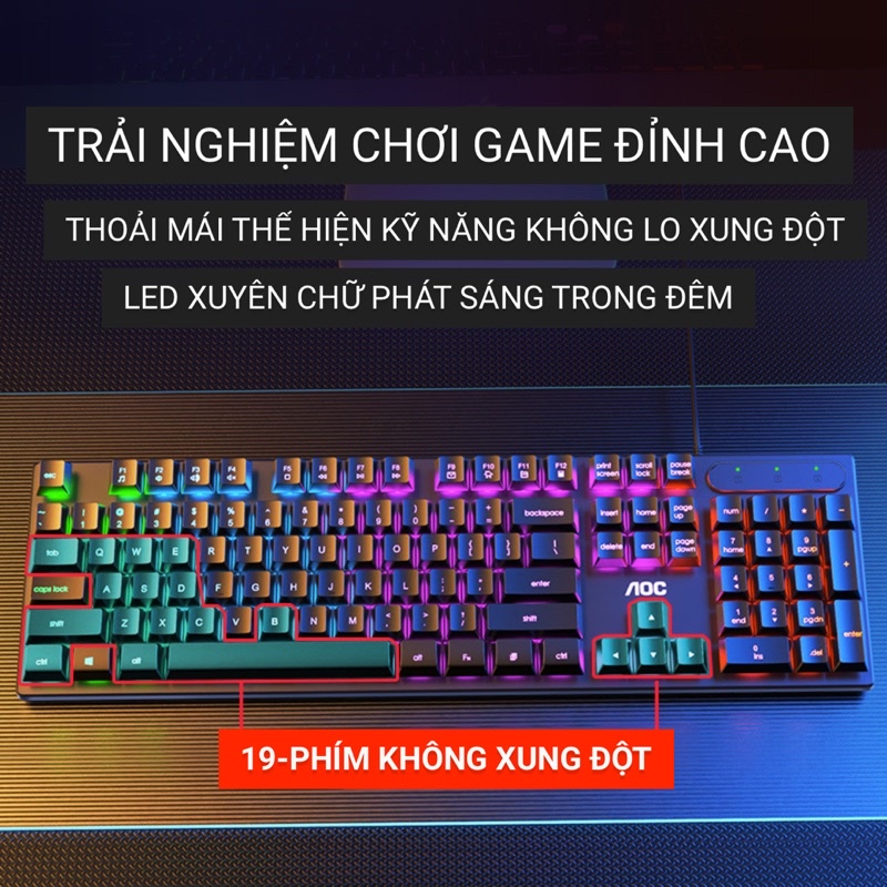 BÀN PHÍM GIẢ CƠ AOC KB121 CÓ DÂY CHUYÊN GAME 2 PHIÊN BẢN LED XANH VÀ LED NHIỀU MÀU XUYÊN CHỮ MÀU ĐEN