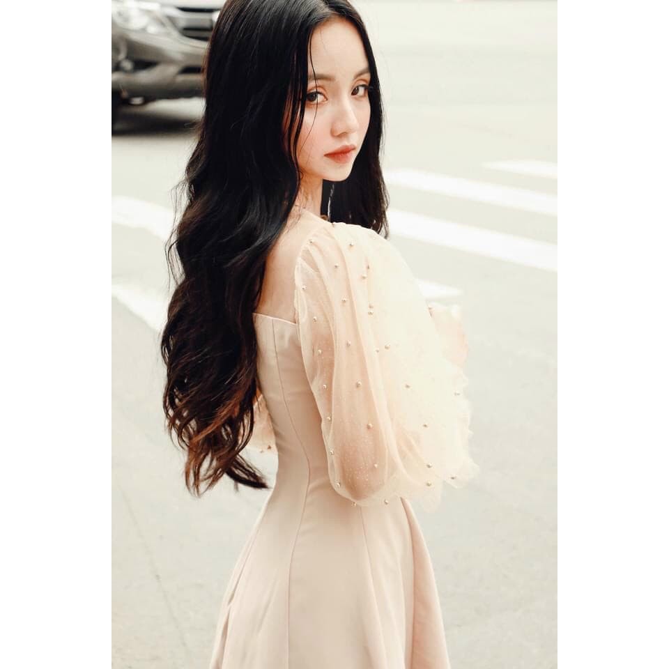 [Mã WASTMAY giảm 15% tối đa 30K đơn 150K] Đầm nữ tay dài phối lưới cổ tàu thời trang dự tiệc dạo phố ( có mút ngực ) | BigBuy360 - bigbuy360.vn