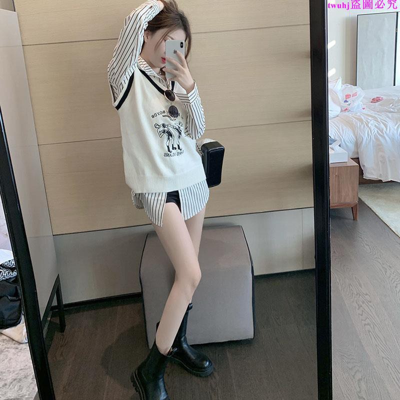 Set Áo Sơ Mi Tay Dài Kẻ Sọc Và Áo Khoác Ghi Lê Cổ Chữ V Thời Trang Trẻ Trung | BigBuy360 - bigbuy360.vn